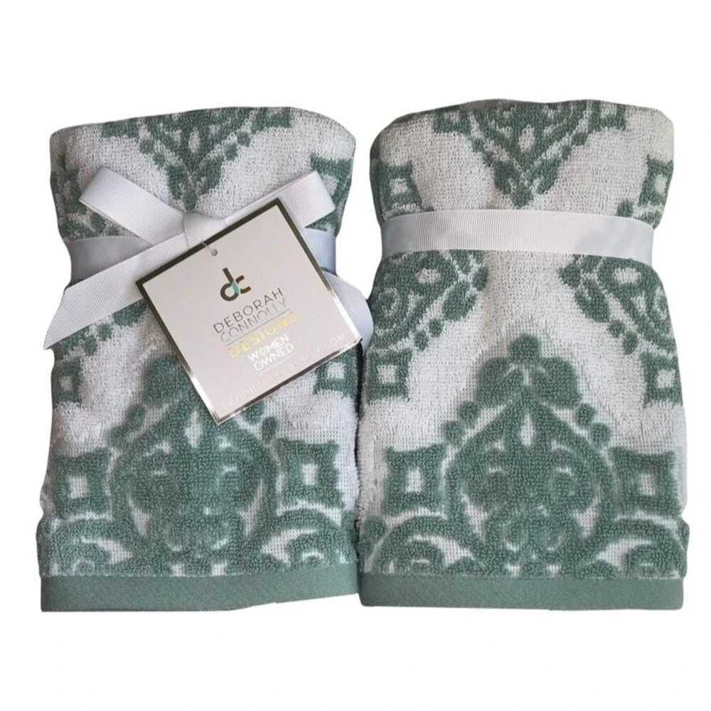 Deborah Connolly Fingertip Towels Green White Chenille Sculptured Set of 2